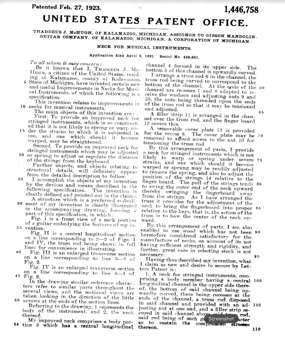 1923 Truss Rod Patent